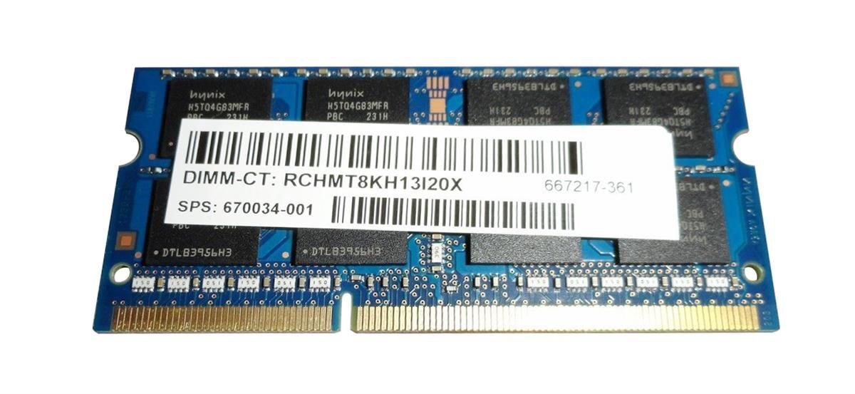 HP 8GB 1600MHz DDR3 PC3-12800 Unbuffered non-ECC CL11 204-Pin Sodimm Dual Rank Memory - 670034-001