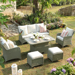 Hampshire 7-Seater Round Wicker Rattan Sofa Set with Rising Table, Desert Sage