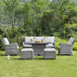 Hampshire 7-Seater Round Wicker Rattan Sofa Set with Rising Table, Light Grey
