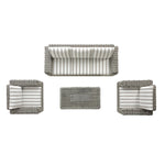 Bellagio Round Wicker Sofa Set with Firepit Coffee Table, Light Grey with Taupe Stripe