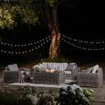 Bellagio Round Wicker Sofa Set with Firepit Coffee Table, Light Grey with Taupe Stripe