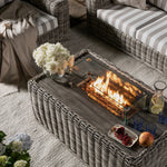 Bellagio Round Wicker Sofa Set with Firepit Coffee Table, Light Grey with Taupe Stripe
