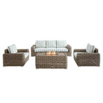 Bellagio Round Wicker Sofa Set with Firepit Coffee Table, Natural with Sage Stripe