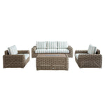 Bellagio Round Wicker Sofa Set with Firepit Coffee Table, Natural with Sage Stripe