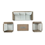 Bellagio Round Wicker Sofa Set with Firepit Coffee Table, Natural with Sage Stripe