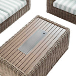 Bellagio Round Wicker Sofa Set with Firepit Coffee Table, Natural with Sage Stripe