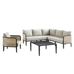 Pienza Outdoor Rattan Corner Sofa Set, Oatmeal Fabric with Black Frame