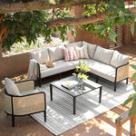 Pienza Outdoor Rattan Corner Sofa Set, Oatmeal Fabric with Black Frame