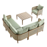 Pienza Outdoor Rattan Corner Sofa Set, Sage Green Fabric with Light Walnut Frame