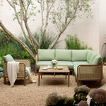 Pienza Outdoor Rattan Corner Sofa Set, Sage Green Fabric with Light Walnut Frame