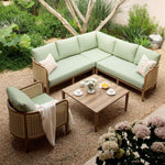 Pienza Outdoor Rattan Corner Sofa Set, Sage Green Fabric with Light Walnut Frame