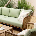 Pienza Outdoor Rattan Corner Sofa Set, Sage Green Fabric with Light Walnut Frame