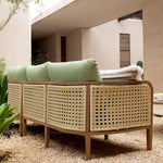 Pienza Outdoor Rattan Corner Sofa Set, Sage Green Fabric with Light Walnut Frame