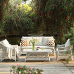 Willowbrook Lattice Weave Rattan 5-Seater Sofa Set with Rising Table, White
