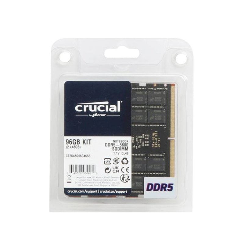 Crucial 96GB (2x 48GB) 5600MHz DDR5 PC5-44800 Non-ECC CL46 262-Pin SoDimm 1.1V Memory Module - CT2K48G56C46S5
