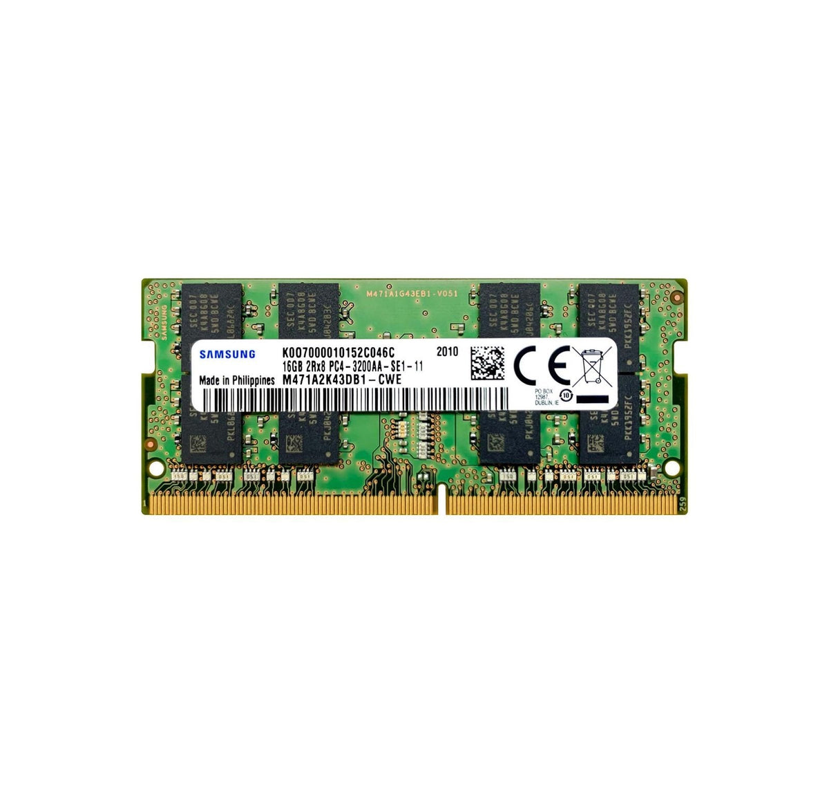 Samsung 16GB 3200MHz DDR4 PC4-25600 Non-ECC CL22 260-Pin SoDimm 1.2V Dual Rank x8 Memory Module - M471A2K43DB1-CWE